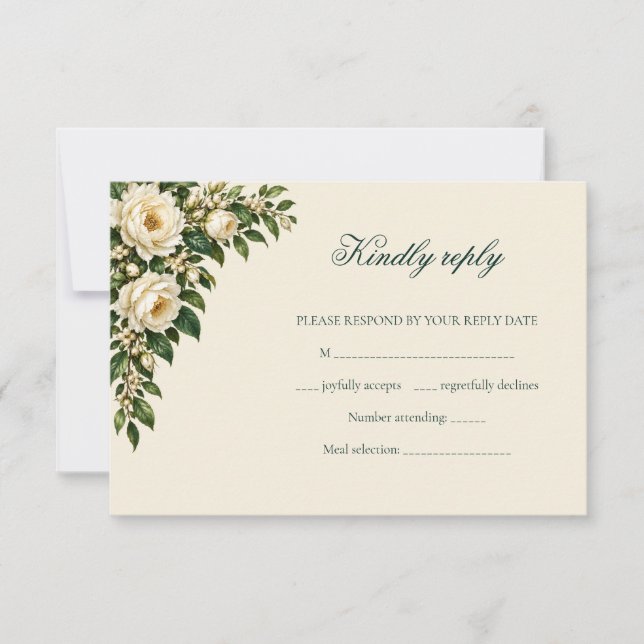 Ivory Roses & Emerald Winter Wedding RSVP (Devant)