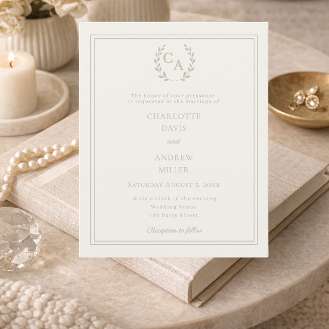 Ivory sage green monogram wedding invitation (Créateur téléchargé)