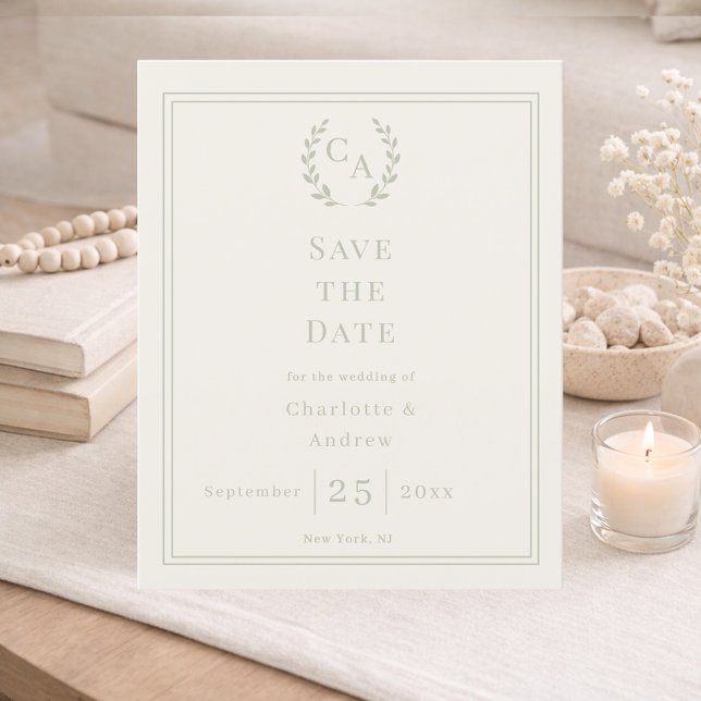 Ivory sage green monogram wedding Save the Date (Créateur téléchargé)