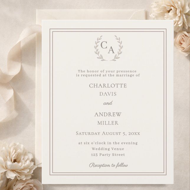 Ivory taupe wreath monogram wedding invitation (Créateur téléchargé)