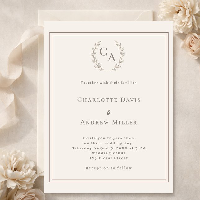 Ivory taupe wreath monogrammed wedding invitation (Créateur téléchargé)