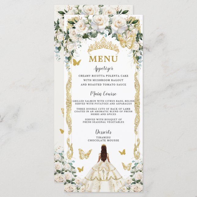 Ivory White Floral Quinceañera Brown Princess Menu (Devant / Derrière)