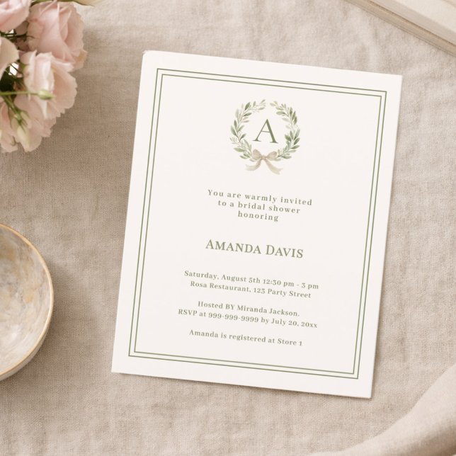 Ivory wreath monogrammed Bridal Shower invitation (Créateur téléchargé)