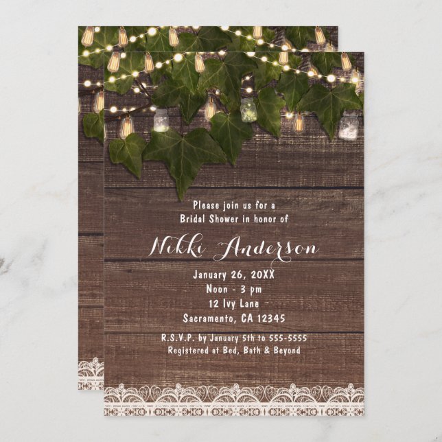 Ivy & String Lights Mason Jar Invitations rustique (Devant / Derrière)