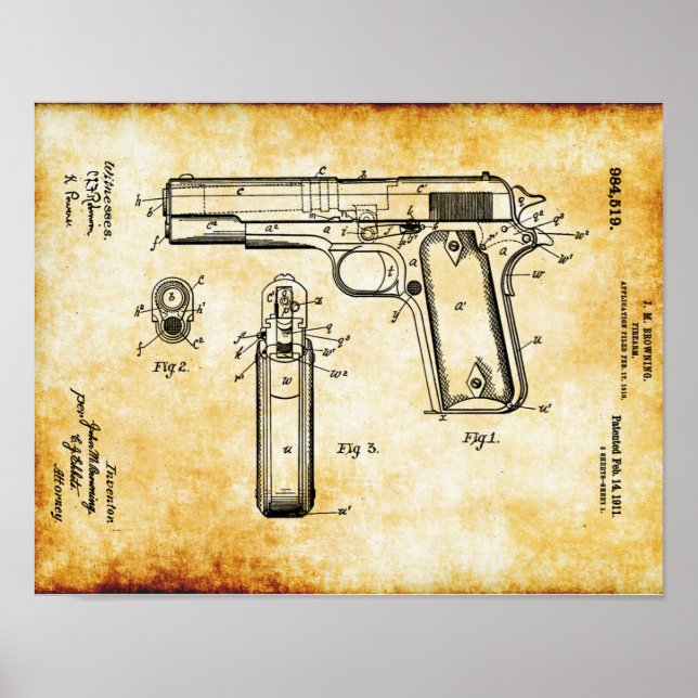 J.M Browning M1911 Poster de brevet de pistolet (Devant)