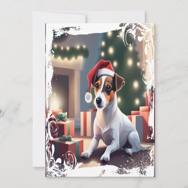 Jack Russell sur la carte de Noël de Santa Hat (Devant)
