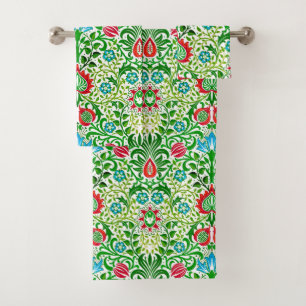 Jacobean Floral Damask, vert et corail rouge