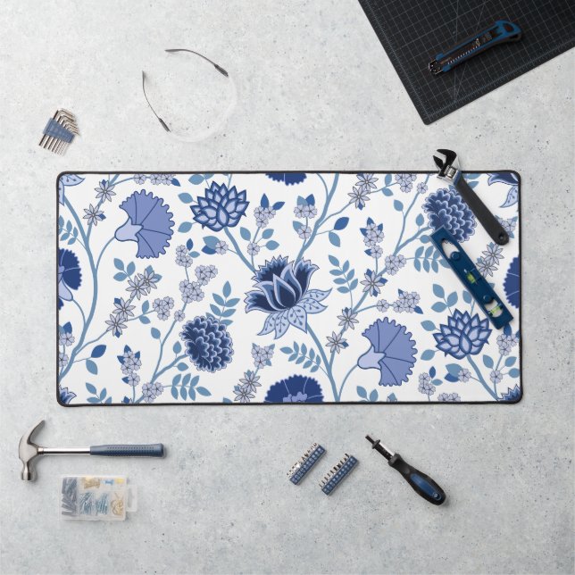 Jacobean Floral Lg Motif Bleu sur Blanc (Poste de travail)