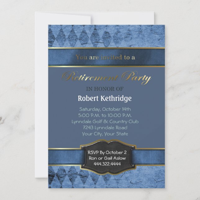 Jacquard bleu Classic Retraite Party Invitations (Devant)