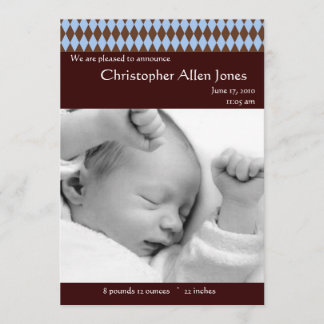 Jacquard bleu et Brown Faire-part de naissance béb