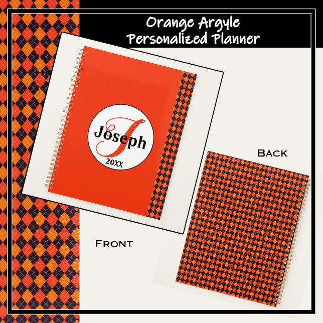 Jacquard noir citrouille orange Tangerine Monogram (Shades of orange and black argyle planner to personalize.)