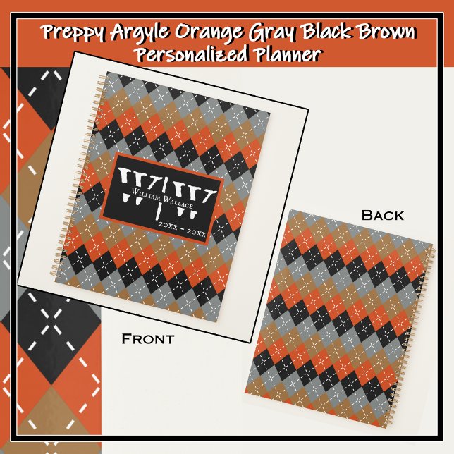 Jacquard preppy Orange Grey noir Brown personnalis (Make a standout statement with this handsome, colorful, bold, unique, customizable daily planner. )