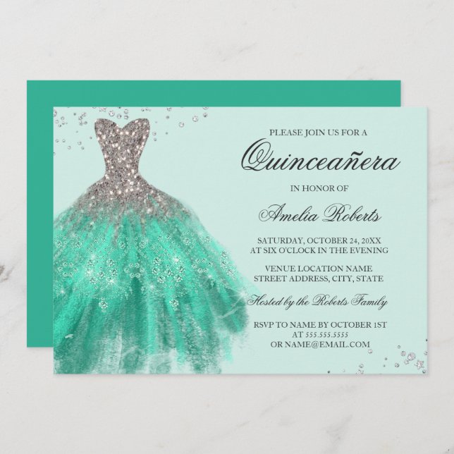 Jade Green Sparkle robe Quinceanera Invitation (Devant / Derrière)