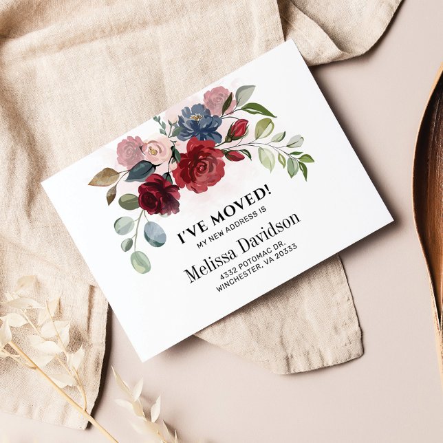 J'ai déménagé la Bourgogne Floral Moving Faire-par (Burgundy Floral Botanical Moving Announcement)