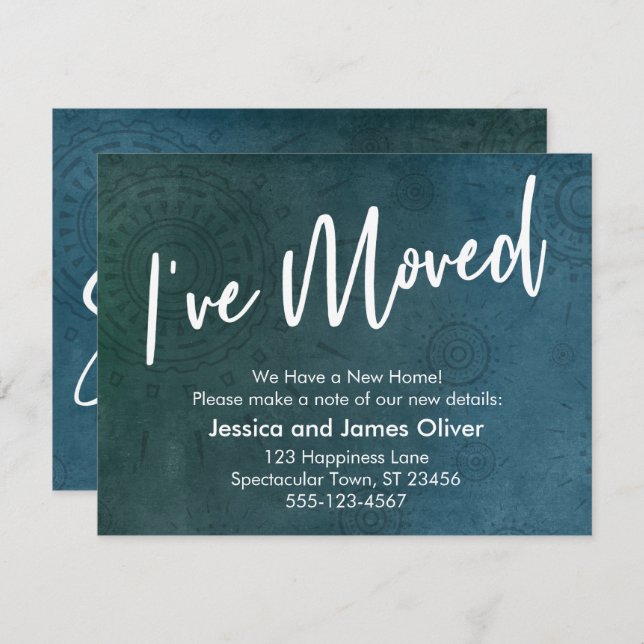 J'ai déménagé, texturé, carte graphique Turquoise  (Devant / Derrière)