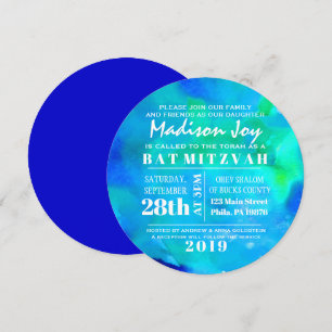 J'AI L'AQUA WATERCOLOR Invitation Bat mitzvah Rond