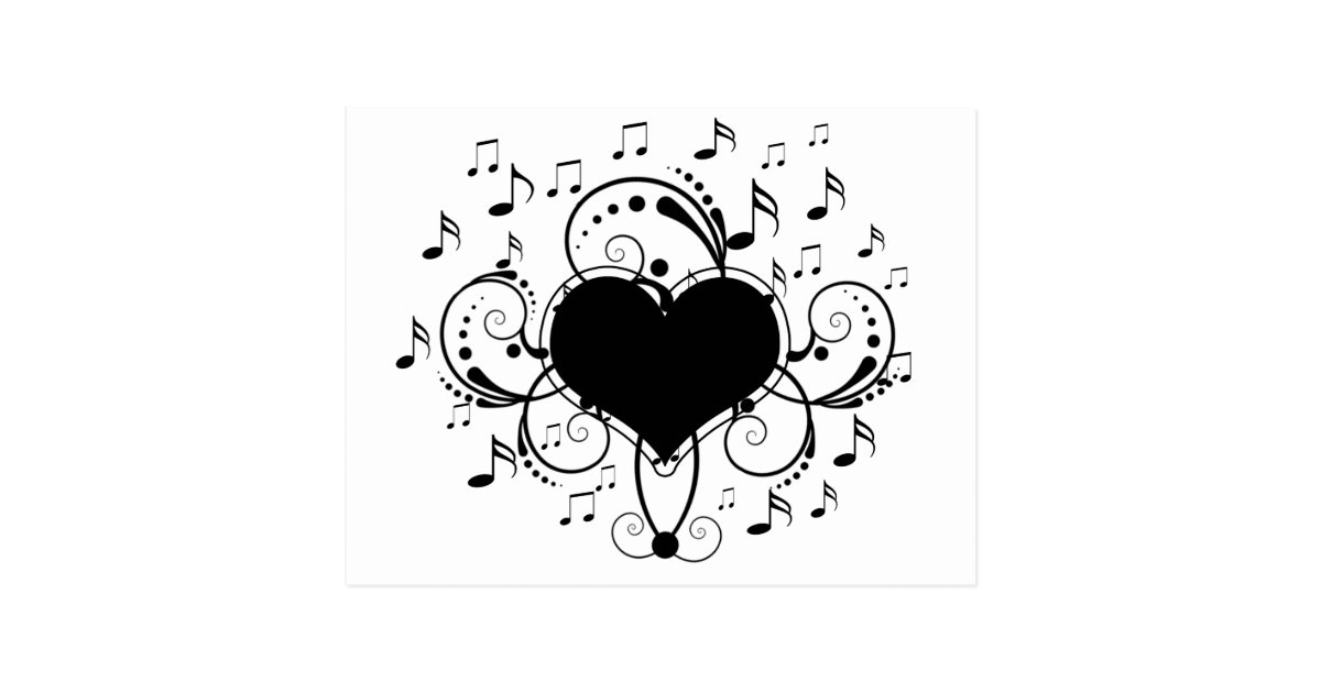 J'aime le coeur de notes de musique noir et blanc cartes postales | Zazzle