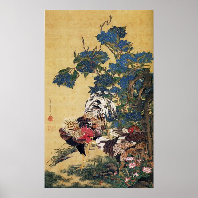 Jakuchu, coq et Hen avec des affiches d'Hydrangeas (Devant)