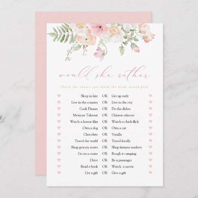 JANE Blush Pink Floral Voudrait-Elle Plutôt Carte  (Devant / Derrière)