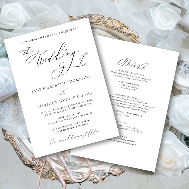 Jane Catholic Faire-part de mariage avec RSVP (This elegant, all-in-one- invite has a romantic elegance thanks to the flowing calligraphy script)