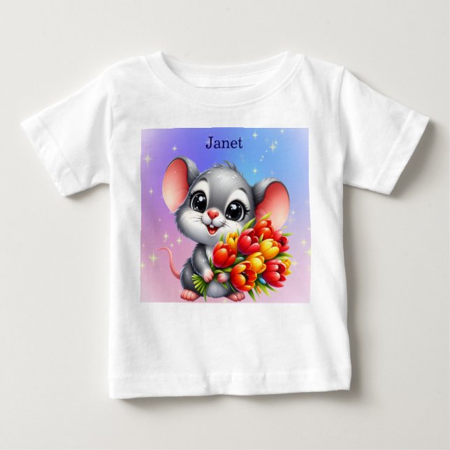 Janet's Cute Mouse with Tulips Baby T-Shirt (Devant)