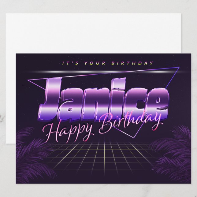 Janice Nom Prénom lila retro Carte Anniversaire (Devant / Derrière)