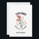JANVIER Mois de naissance Fleur Carte d'anniversai<br><div class="desc">JOLI JANVIER Mois de naissance Fleur CARTE d'anniversaire avec TEXTE PERSONNALISABLE. Le design montre une exposition florale de CARNATIONS et SNOWDROPS pour ceux qui ont des anniversaires de JANVIER. Ajoutez votre nom, votre salutation ou tout autre texte à l'avant et personnalisez votre message à l'envers. Ce mois de naissance fleur...</div>