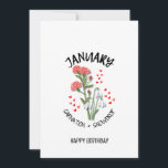 JANVIER Mois de naissance Fleur Carte d'anniversai<br><div class="desc">JOLI JANVIER Mois de naissance Fleur CARTE d'anniversaire avec TEXTE PERSONNALISABLE. Le design montre une exposition florale de CARNATIONS et SNOWDROPS pour ceux qui ont des anniversaires de JANVIER. Ajoutez votre nom, votre salutation ou tout autre texte à l'avant et personnalisez votre message à l'envers. Ce mois de naissance fleur...</div>