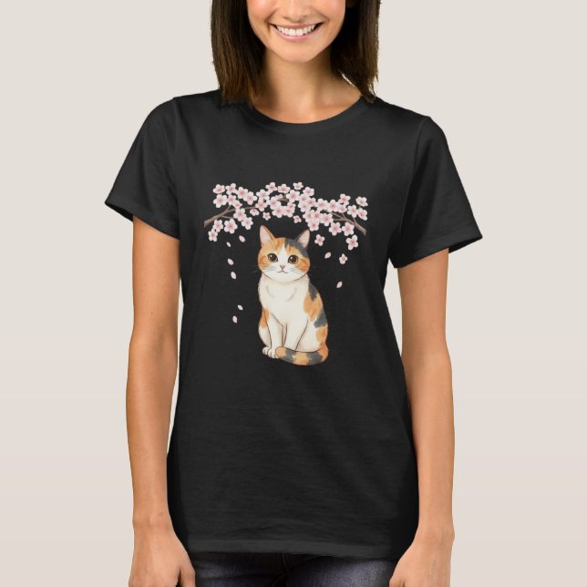 Japanese Art Calico Cat & Cherry Blossoms T-Shirt (Devant)