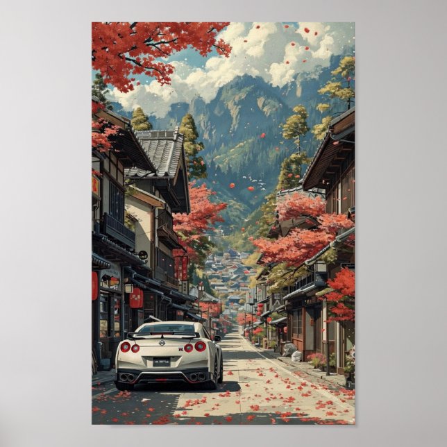 Japanese Autumn Street with Sports Car Poster (Devant)