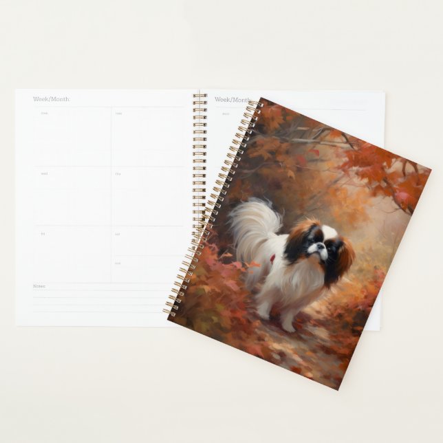 Japanese Chin dans les feuilles d'automne tombent  (Devant avec enveloppe)