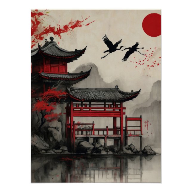 Japanese Crane Pagoda Red Sun Poster Zen Oriental (Devant)