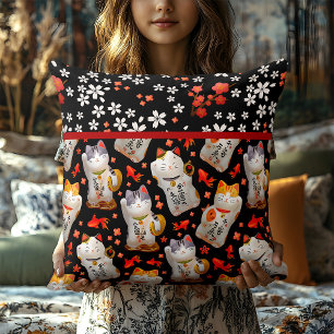 Japonais Chat Chat Rouge Noir Coussin Japonais Déc