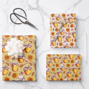 Jar de miel abeilles enveloppant papier feuille pl
