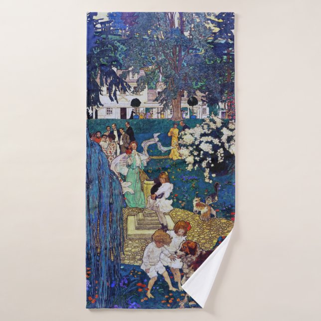 Jardin avec chien et chat, Jessie Willcox Smith (Serviette de bain)