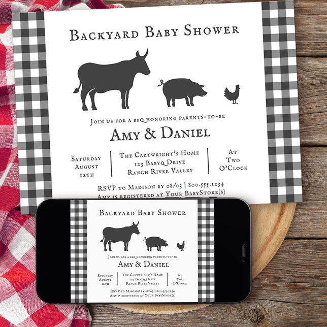 Jardin Baby shower Rustic Grey Plaid Invitation (Backyard BBQ neutral baby shower invitation from my rustic farmhouse BBQ collection
)