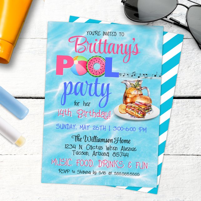 Jardin BBQ Pool Fête Anniversaire Invitation (Backyard Barbeque Birthday Pool Party Invitation with Tropical aesthetics and sweet tea)
