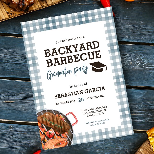 Jardin bleu BBQ Graduation Party Invitation (- Invite shown in 5 x 7 inches, choose size, paper and corner style. Buy print or digital invitation)