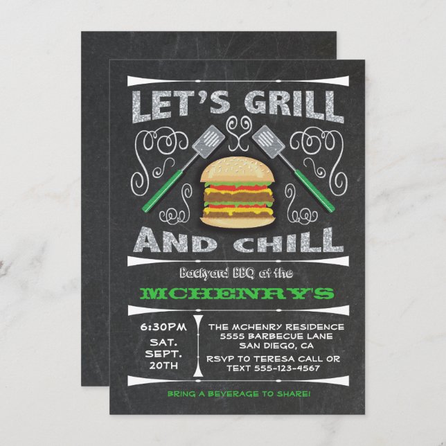 Jardin Chalkboard Barbecue BBQ invitations à la fê (Devant / Derrière)