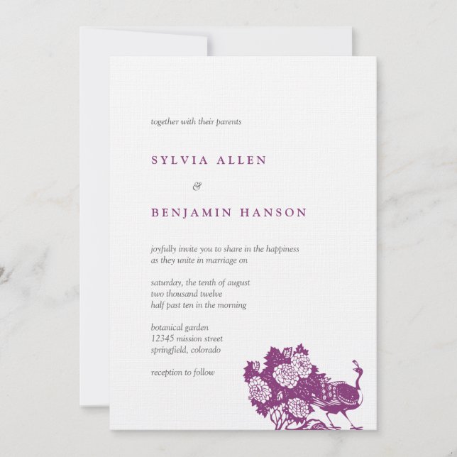 Jardin chic violet gris paon faire-part de mariage (Devant)