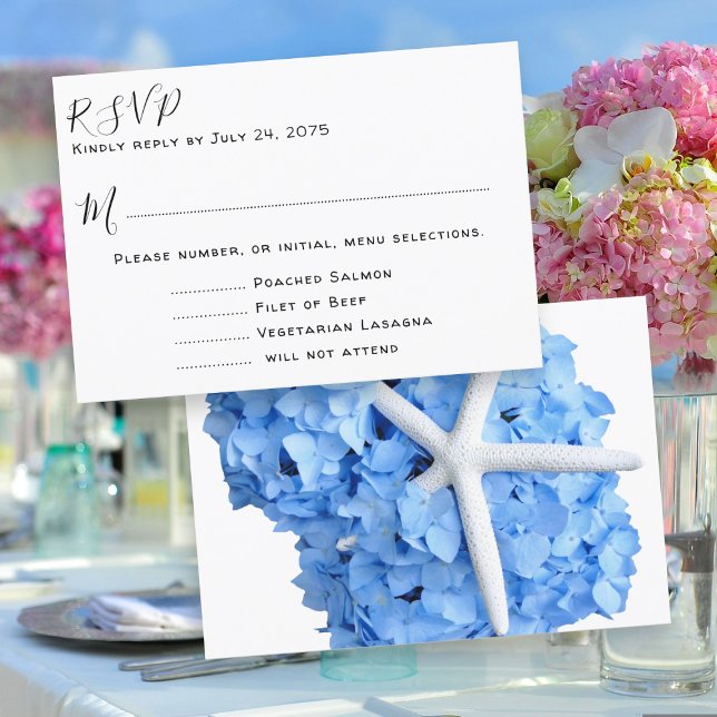 Jardin de bord de mer Menu de mariage bleu RSVP (Créateur téléchargé)