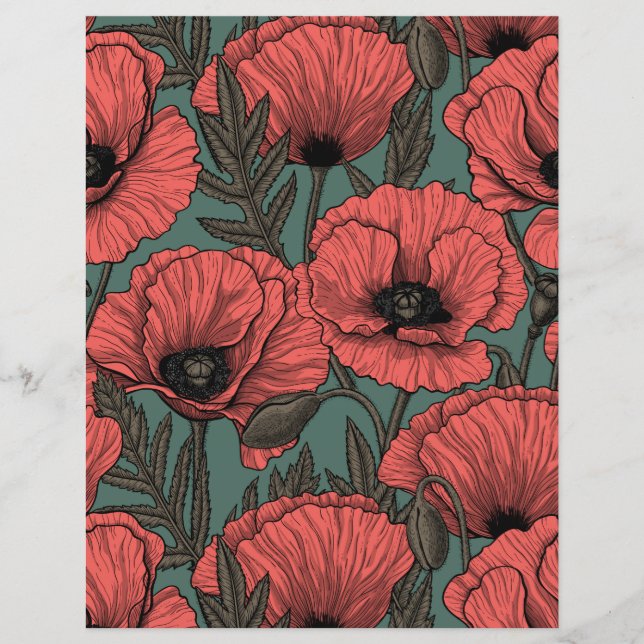 Jardin de coquelicot dans le corail, brun et vert  (Devant)