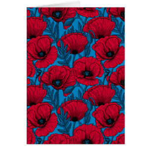 Jardin de coquelicots rouges sur fond bleu