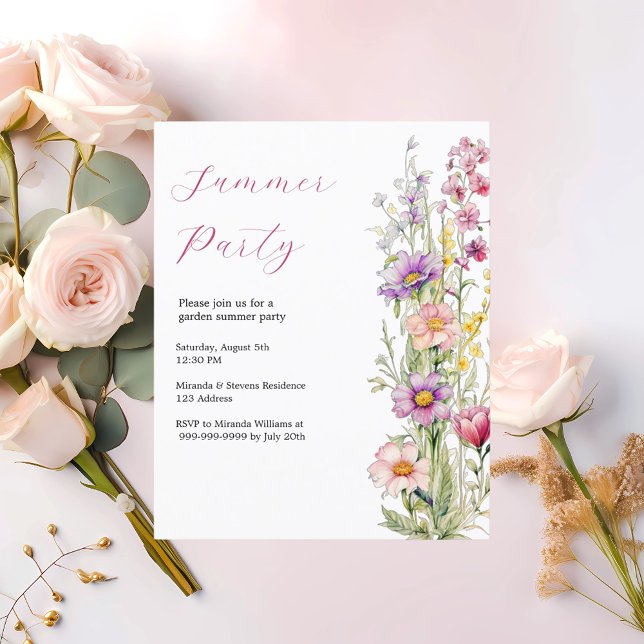 Jardin de fête d'été fleurs rose violet invitation (Créateur téléchargé)