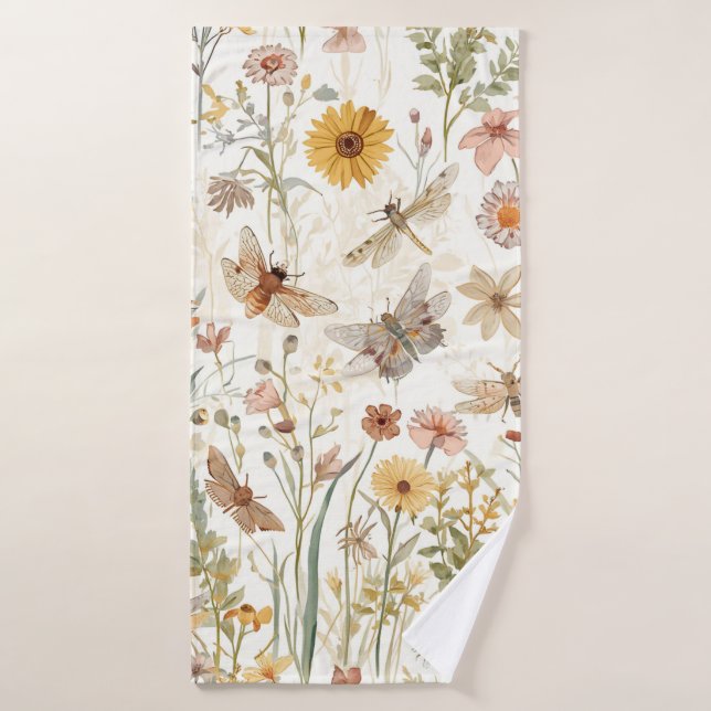 Jardin de fleurs sauvages papillons botaniques flo (Serviette de bain)