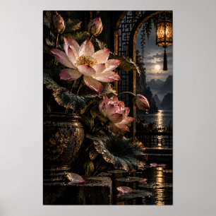 Jardin de lanterne lunaire Lotus rose Art mural