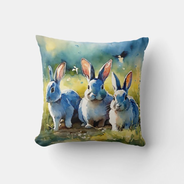 Jardin de lapin bleu : Coussin de style aquarelle (Recto)