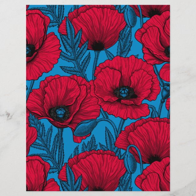 Jardin de pavot rouge sur bleu (Devant)