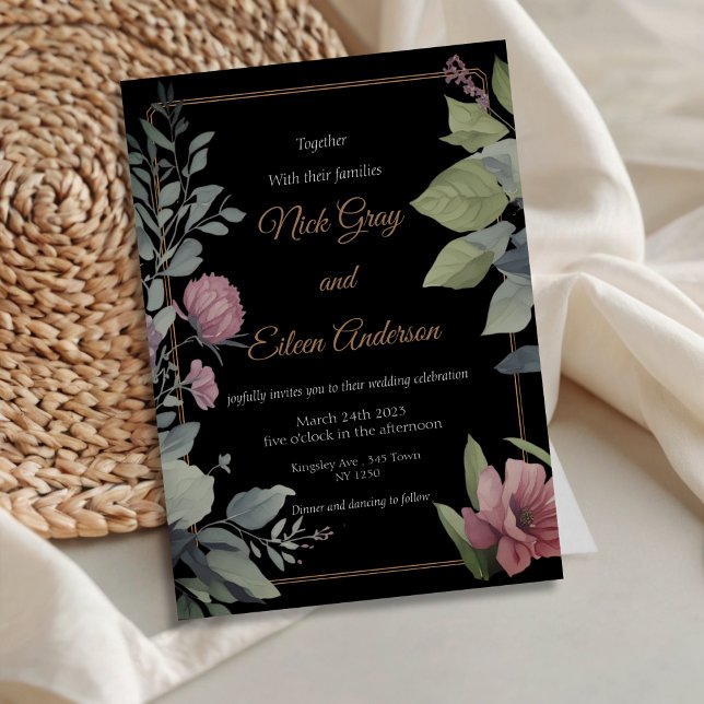 Jardin enchanté Faire-part de mariage noir (Enchanted Garden Black Wedding Invite)