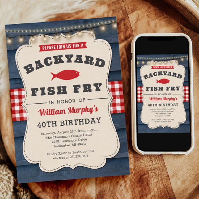 Jardin Fish Fry 40th Birthday Invitation (Backyard Fish Fry 40th Birthday Invitation)
